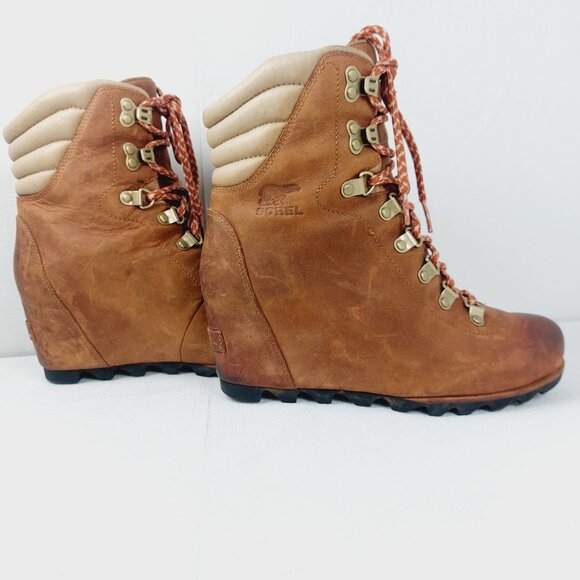 Sorel Women's Brown Conquest Lace Wedge Leather Classic Ankle Bootie Size 8.5 - Picture 4 of 11
